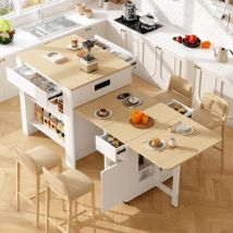 Table de bar 110-124x78x97,5 cm, avec 2 tiroirs, 2 étagères latérales ouvertes, prise de courant intégrée, plateau télescopique rabattable en bois
