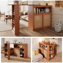 Okwish - Table de bar extensible avec rangements, tissage en rotin sur les façades des portes, étagères réglables, table de bar, table bistro, table