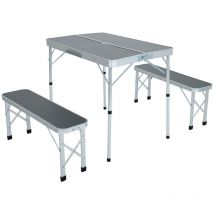 Table de Camping avec 2 Bancs Pliants en Gris