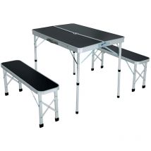 Table de Camping avec 2 Bancs Pliants en Noir