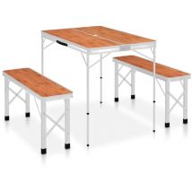 Table de camping pliable avec 2 bancs Aluminium Marron