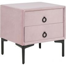 Table de Chevet à 2 Tiroirs en Velours Rose MDF Métal et Aluminium Tissu Soyeux Sezanne