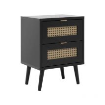 Table de chevet avec 2 tiroirs noir et façades en osier - 40x30x52 cm