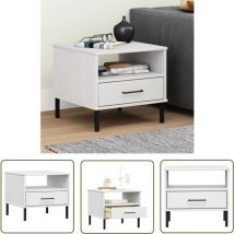 The Living Store Table de chevet avec pieds en métal Blanc Bois pin massif oslo - Table De Chevet - Meuble De Chambre - Table D'appoint - Table