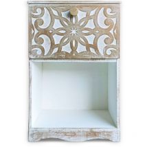 Cotecosy - Table de chevet style oriental bois sculpté 1 porte Monbolyto Blanc patiné or