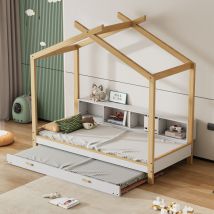 Lit cabane, lit enfant, avec quatre compartiments et étagères, lit gigogne escamotable, 90x200cm/90x190cm, en bois, blanc + naturel