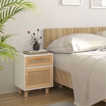 Table de chevet, Table d'appoint, Table de nuit Blanc Bois de pin massif et rotin naturel FR484746 Maison Chic