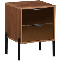 Table de chevet vintage 2 tiroirs effet bois et vitres fumées. l 43 x p 38 x h 54.8cm