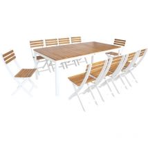 Table de jardin acacia avec coins arrondis. 10 chaises. blanc. 200 x 100 x 75 cm
