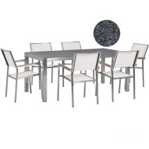 Salon de Jardin Table 180 x 90 cm avec Plateau Triple en Granit Poli Gris et de 6 Chaises en Acier Inox et Textile Blanc