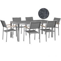 Salon de Jardin composé d'une Table 180 x 90 cm avec Plateau en Granit Poli Gris et de 6 Chaises en Acier Inox et Textile Gris