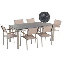 Table de Jardin et 6 Chaises 180 x 90 cm Granit et Tissu Noir et Beige Grosseto