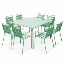 Oviala - Ensemble table de jardin carrée et 8 fauteuils en métal vert sauge - Palavas