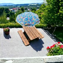 Jardinatoire - Table de Jardin en Bois Massif 150 cm Classe 3 + trou Parasol, Faible Encombrement, 100% Française