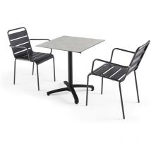 Ensemble table jardin stratifié beton gris clair et 2 fauteuils gris