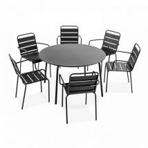 Oviala - Ensemble table de jardin ronde et 6 fauteuils acier gris - Palavas