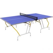 Table de ping pong pliable en 4 - dim. 274 x 152,5 x 76 cm - filet, 2 raquettes, 3 balles inclus - jaune blanc bleu