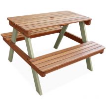 Table de pique-nique en bois d'acacia pour enfant. 2 places. salon de jardin enfant couleur teck clair et vert de gris