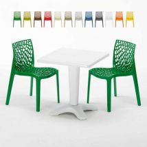 Table Carrée Blanche 70x70cm Avec 2 Chaises Colorées Grand Soleil Set Bar Café Gruvyer Patio - Vert