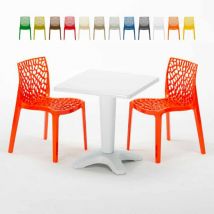 Grand Soleil - Table Carrée Blanche 70x70cm Avec 2 Chaises Colorées Set Bar Café Gruvyer Patio - Orange
