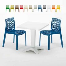 Grand Soleil - Table Carrée Blanche 70x70cm Avec 2 Chaises Colorées Set Bar Café Gruvyer Patio - Bleu
