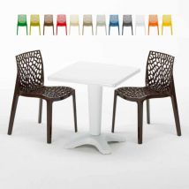 Grand Soleil - Table Carrée Blanche 70x70cm Avec 2 Chaises Colorées Set Bar Café Gruvyer Patio - Marron