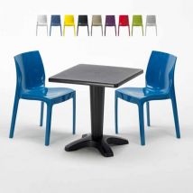 Grand Soleil - Table Carrée Noire 70x70cm Avec 2 Chaises Colorées Set Bar Café Ice Aia - Bleu