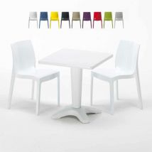 Grand Soleil - Table Carrée Blanche 70x70cm Avec 2 Chaises Colorées Set Bar Café Ice Patio - Blanc