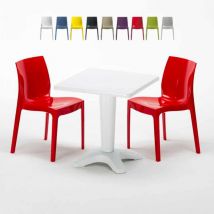 Grand Soleil - Table Carrée Blanche 70x70cm Avec 2 Chaises Colorées Set Bar Café Ice Patio - Rouge