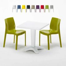 Grand Soleil - Table Carrée Blanche 70x70cm Avec 2 Chaises Colorées Set Bar Café Ice Patio - Vert