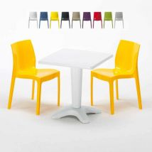 Grand Soleil - Table Carrée Blanche 70x70cm Avec 2 Chaises Colorées Set Bar Café Ice Patio - Jaune