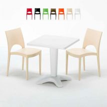 Grand Soleil - Table Carrée Blanche 70x70cm Avec 2 Chaises Colorées Set Bar Café Paris Patio - Beige