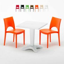 Grand Soleil - Table Carrée Blanche 70x70cm Avec 2 Chaises Colorées Set Bar Café Paris Patio - Orange