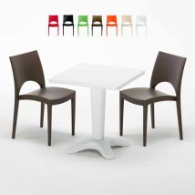 Grand Soleil - Table Carrée Blanche 70x70cm Avec 2 Chaises Colorées Set Bar Café Paris Patio - Marron