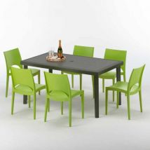 Grand Soleil - Table rectangulaire 6 chaises Poly rotin resine 150x90 marron Focus