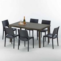 Grand Soleil - Table rectangulaire 6 chaises Poly rotin resine 150x90 marron Focus