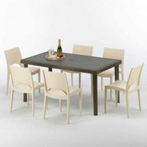 Grand Soleil - Table rectangulaire 6 chaises Poly rotin resine 150x90 marron Focus