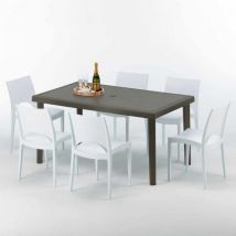 Grand Soleil - Table rectangulaire 6 chaises Poly rotin resine 150x90 marron Focus
