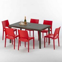 Grand Soleil - Table rectangulaire 6 chaises Poly rotin resine 150x90 marron Focus
