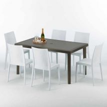 Grand Soleil - Table rectangulaire 6 chaises Poly rotin resine 150x90 marron Focus