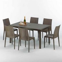 Grand Soleil - Table rectangulaire 6 chaises Poly rotin resine 150x90 marron Focus