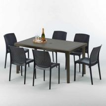Grand Soleil - Table rectangulaire 6 chaises Poly rotin resine 150x90 marron Focus