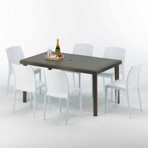 Grand Soleil - Table rectangulaire 6 chaises Poly rotin resine 150x90 marron Focus