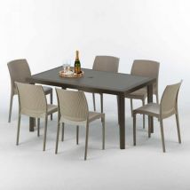 Table rectangulaire 6 chaises Poly rotin resine 150x90 marron Focus