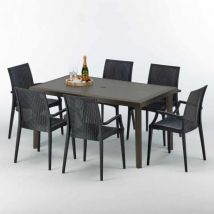 Grand Soleil - Table rectangulaire 6 chaises Poly rotin resine 150x90 marron Focus
