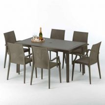 Table rectangulaire 6 chaises Poly rotin resine 150x90 marron Focus