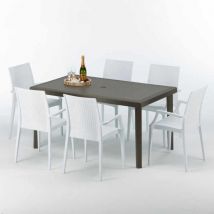 Grand Soleil - Table rectangulaire 6 chaises Poly rotin resine 150x90 marron Focus