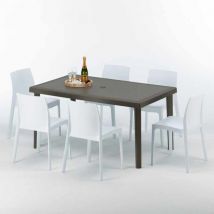 Grand Soleil - Table rectangulaire 6 chaises Poly rotin resine 150x90 marron Focus