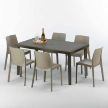 Grand Soleil - Table rectangulaire 6 chaises Poly rotin resine 150x90 marron Focus