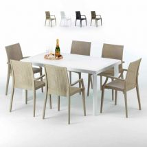 Grand Soleil - Table Rectangulaire Blanche 150x90cm Avec 6 Chaises Colorées Set Extérieur Bar Café Paris Summerlife - Beige